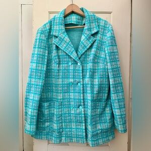 Vintage 1960s teal plaid jacket with double buttons.